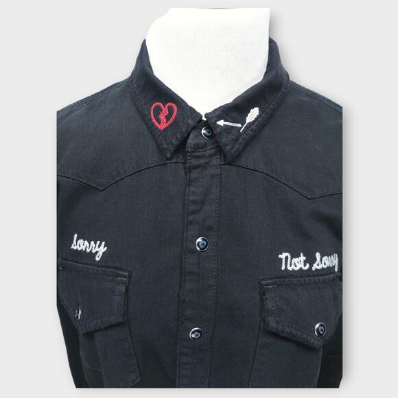 Women's Lucky Brand Black Long Sleeve Button Up Black Pearl Snaps Large - Picture 3 of 7